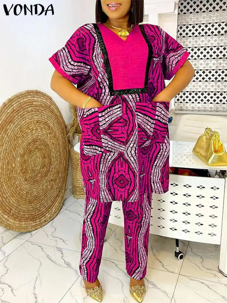 Plus Size 5XL Women Two Piece Sets Summer Printing Loungewear Pants Sets VONDA 2024 Vintage Short Sleeve Tops Loose Pants Suits