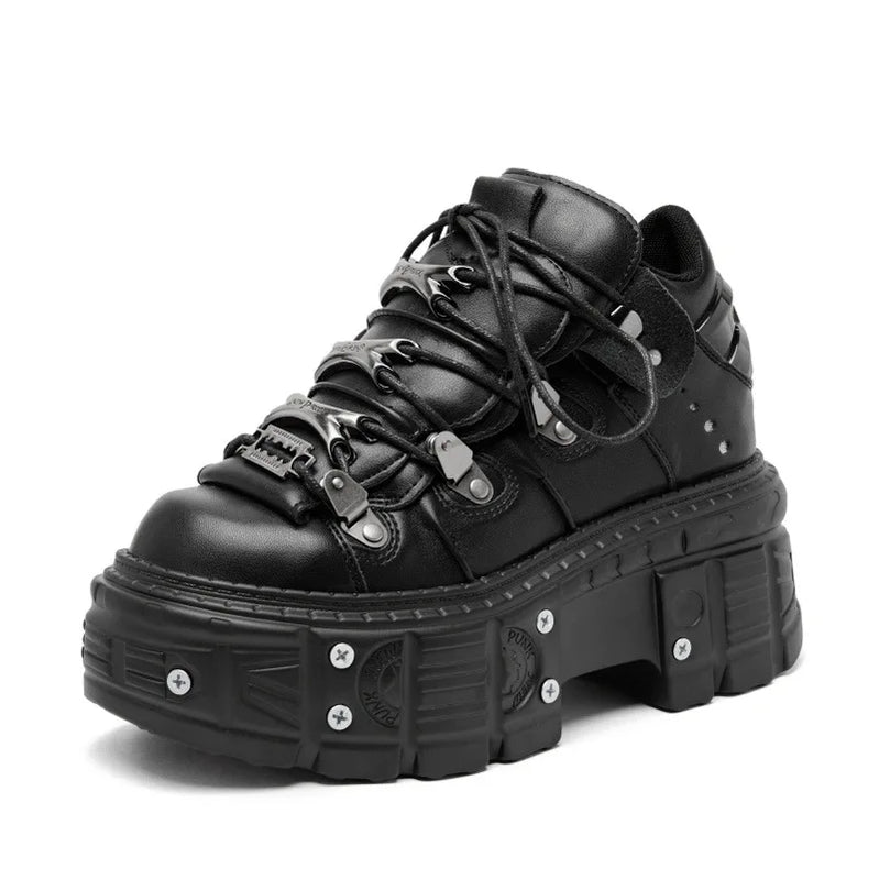 Punk Style Women Black Shoes Rock Metal Decor Lace-up Heel Height Platform Shoes Gothic Man Sneakers Women Ankle Boots 2025