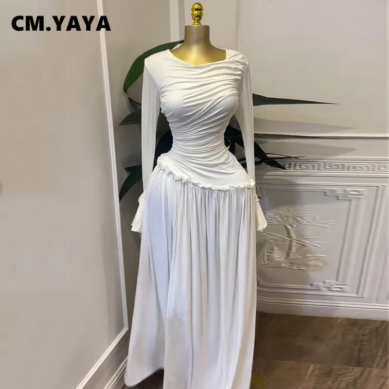 CM.YAYA Women Full Sleeve O-neck Elegant Long Dress Edible Tree Fungus Sweet Holiday Beach Evening Sexy Party Dresses Vestidos
