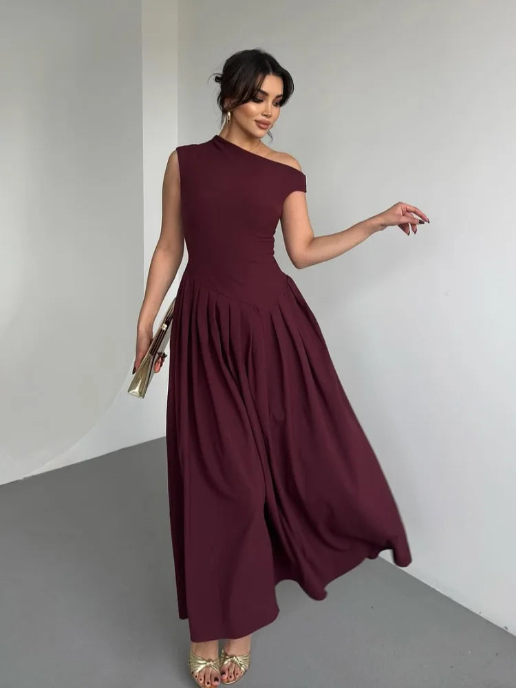 Chic Off Shoulder Irregular Neck Women's Dress Elegant High Waist A-line Hem Pleated Midi Dresses New Summer Lady Commuting Robe