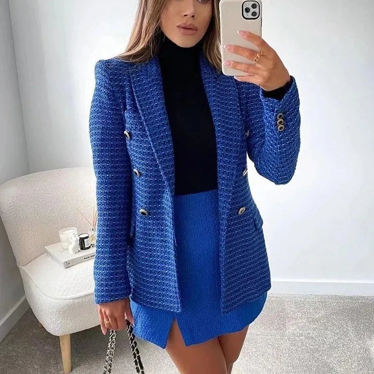Women's Double-Breasted Tweed Jacket Fall And Winter New Fashion Blazer Retro Long-Sleeved Flap Pockets Women's Top Jacket