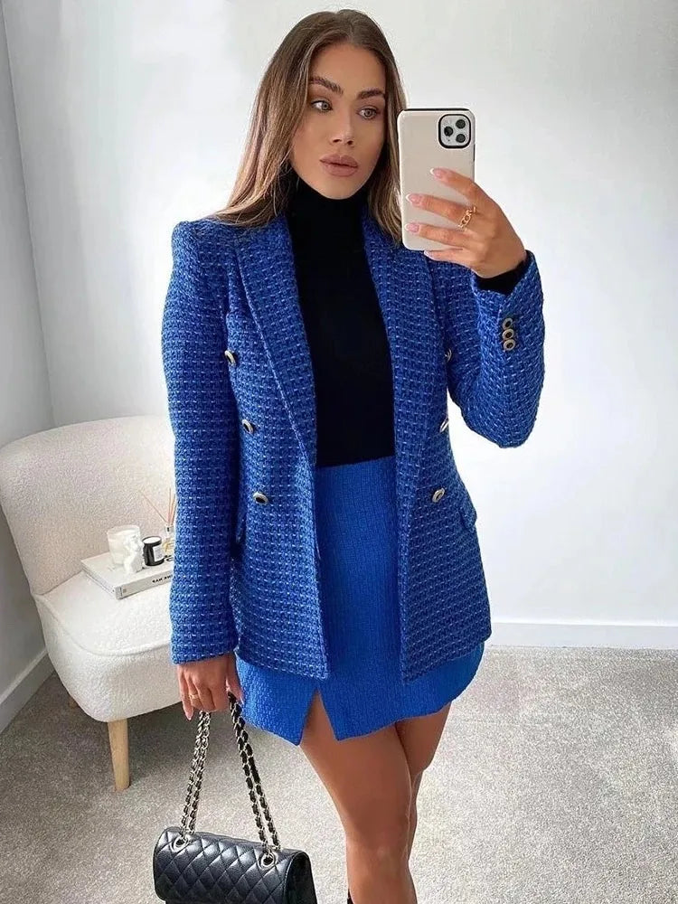 Women's Double-Breasted Tweed Jacket Fall And Winter New Fashion Blazer Retro Long-Sleeved Flap Pockets Women's Top Jacket
