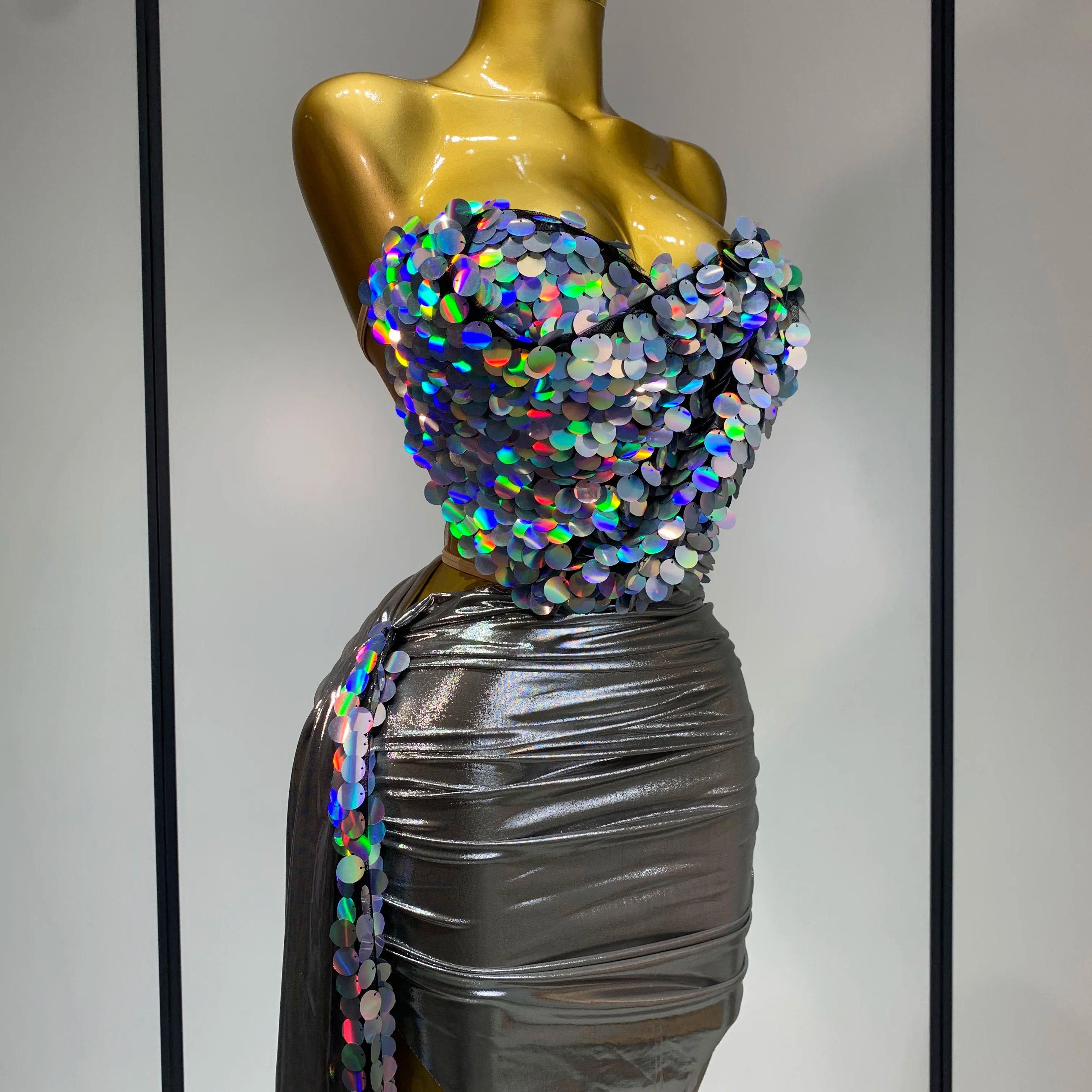 Women Sexy Strapless Sequin Glitter Two Pieces Set Celebirty Elegant Luxury Birthday Evening Party Nightclub Singer Stage Outfit