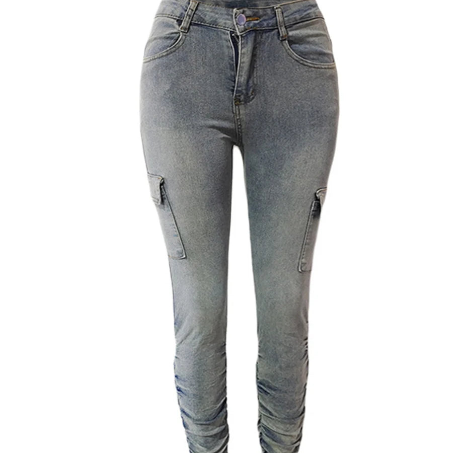 Plus Size High Waist Side Flap Pocket Cargo Jeans Women Zipper Ruched Design Jeans Causal Skinny Long Trouser