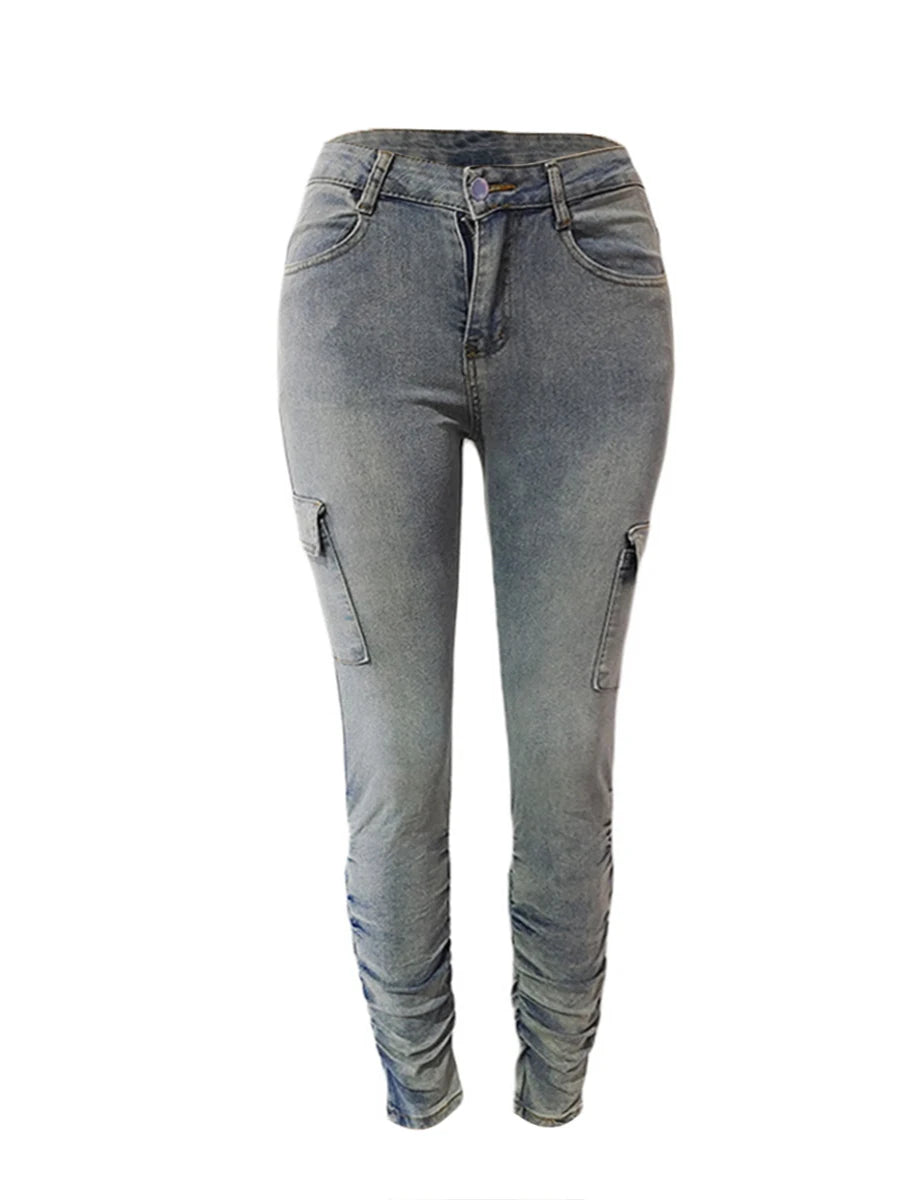 Plus Size High Waist Side Flap Pocket Cargo Jeans Women Zipper Ruched Design Jeans Causal Skinny Long Trouser