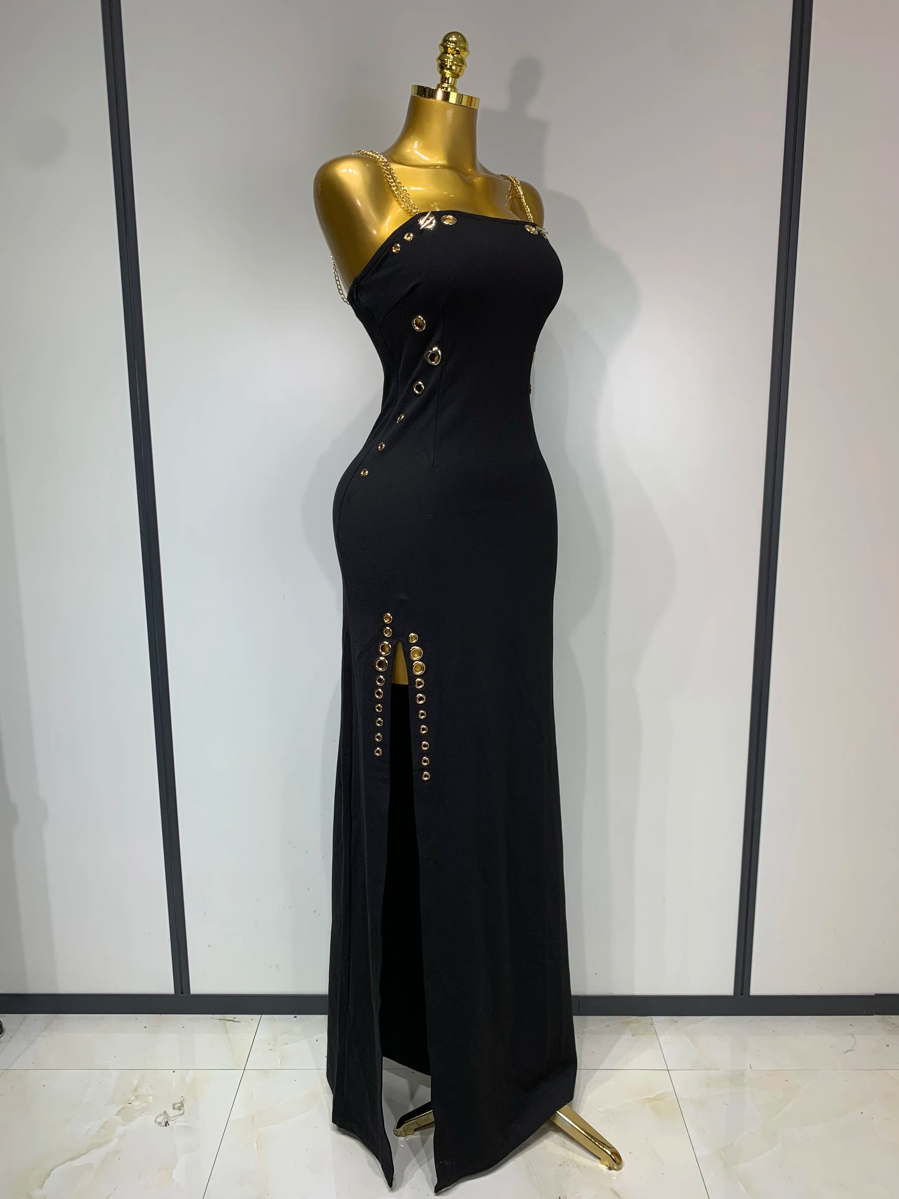 Vestido longo longo justo sem mangas com gola quadrada e corrente para mulheres, elegante, para festa à noite, comemoração de aniversário