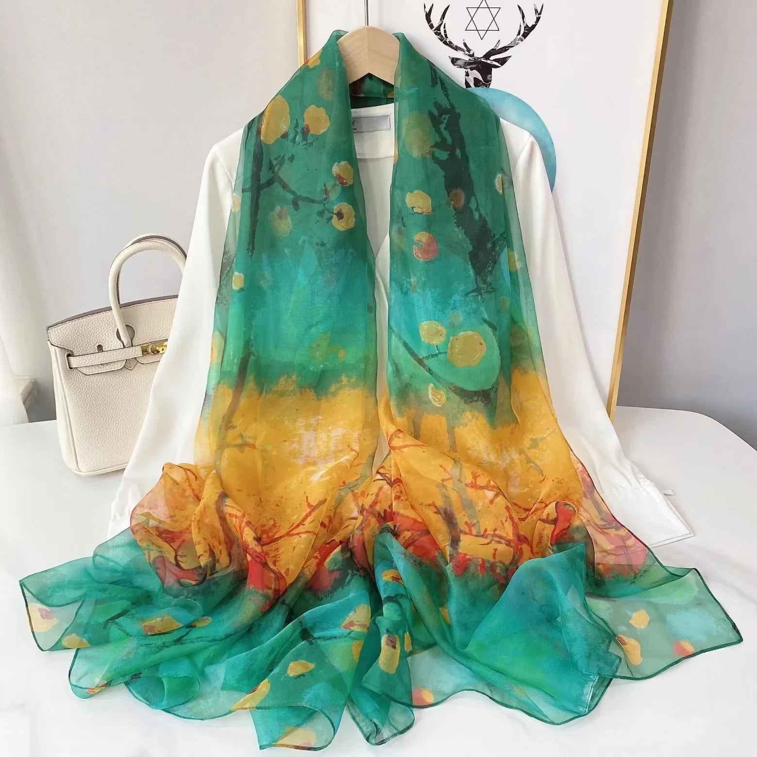 Print Silk Scarf Hijab Women Spring Deisgn Soft Beach Stoles Elegant Head Scarves Echarpe Shawl Satin Large Wrap Echarpe Bandana see chart 20