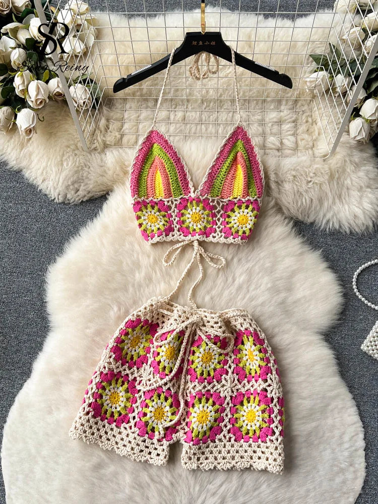 SINGREINY Summer Hollow Out Beach Suits Women Strap Halter Sexy Top+Mini Shorts Fashion Floral Knitted Bohemian Two Pieces Sets