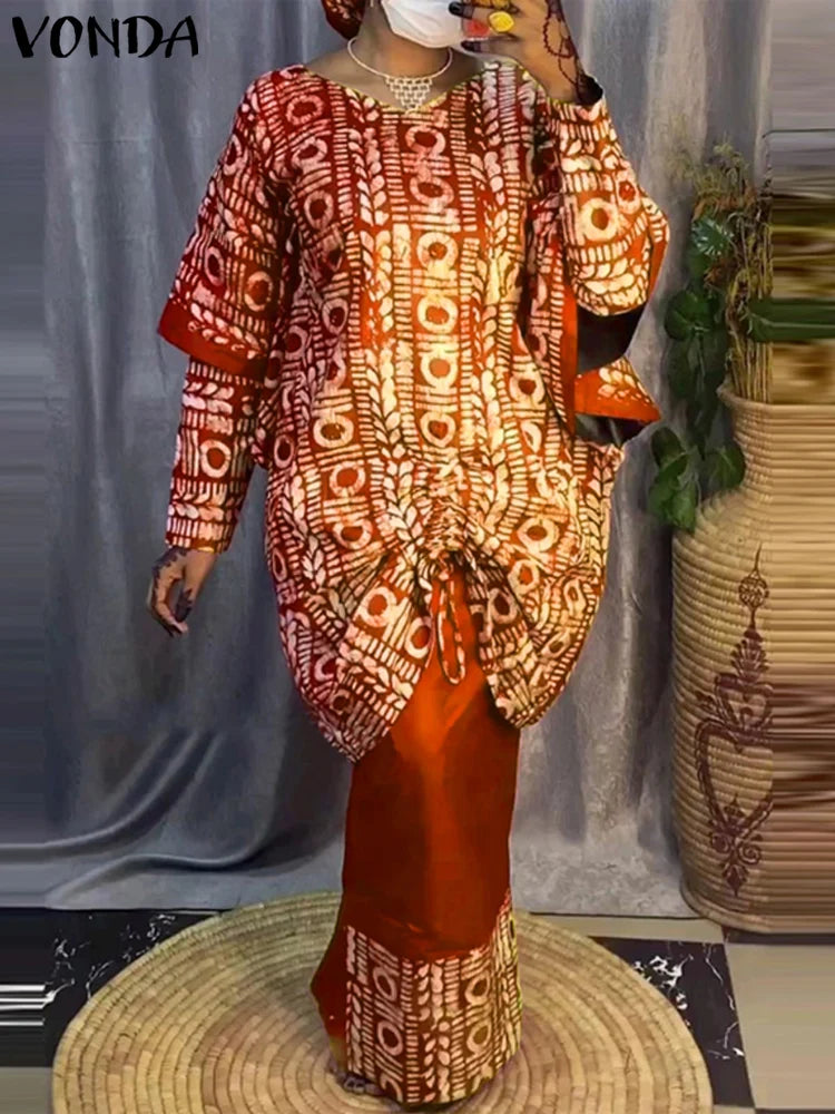 Plus Size 5XL VONDA Women Sets 2024 Bohemian Printed Outfits Elegant Long Sleeve Top+Half Skirt Two-Piece Sets Casual Loose Suit