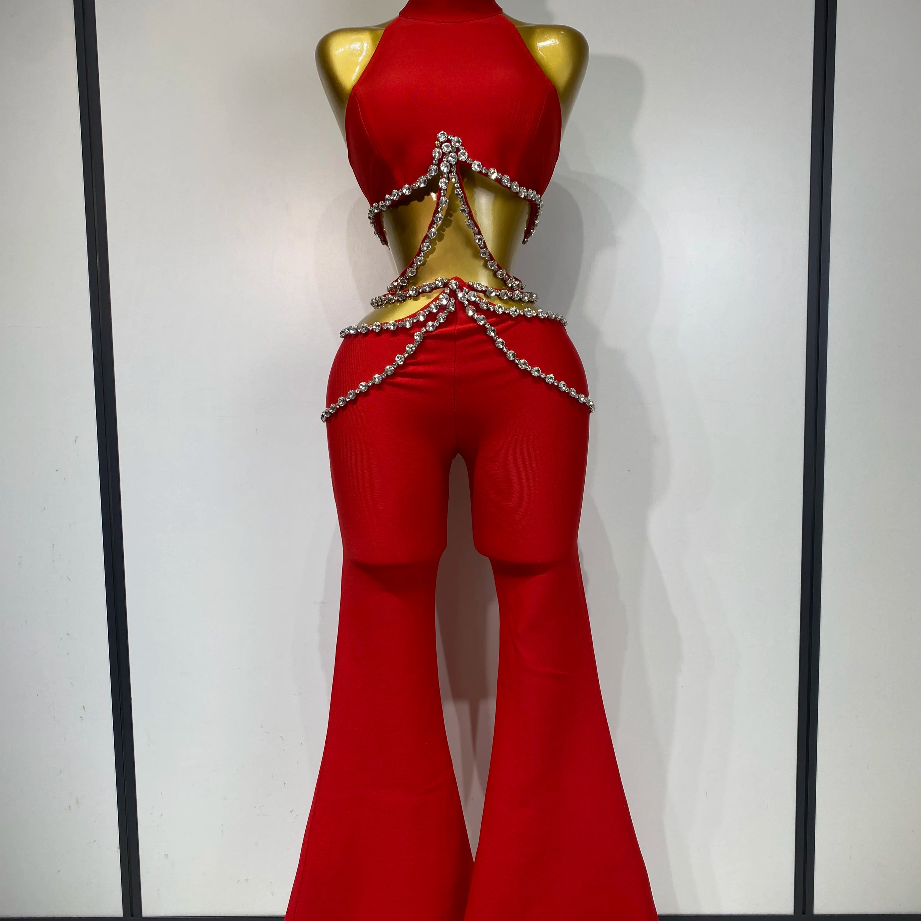Women Luxury Rhinestone Red Sexy Cut Out Two Piece Pants Bandage Set 2025 Celebrity Designer Fashion Women's Set Stage Outfit