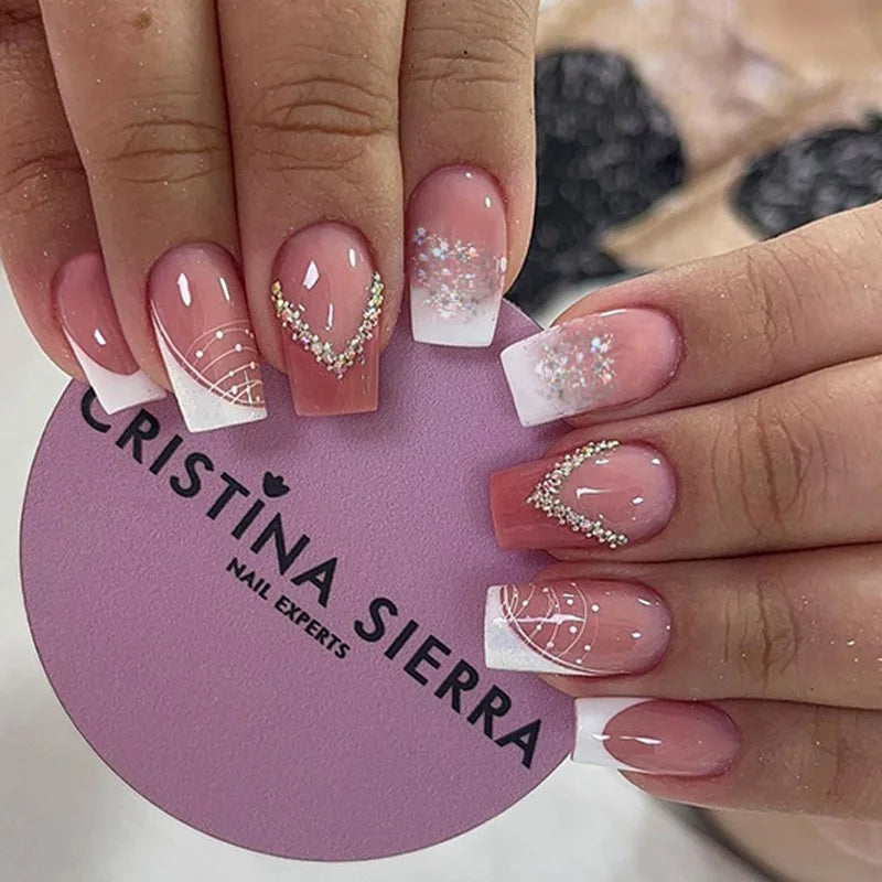 24Pcs Mid-length French False Nail with Diamond Gradient Square Press on Nails Flower Design Fake Nail Wearable Manicure Tools