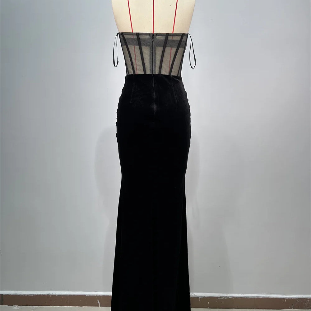 New Luxury Diamonds Sexy Mesh See Through Black Velvet Strapless Floor Length Dress Celebrity Party Dress Birthday Vestido