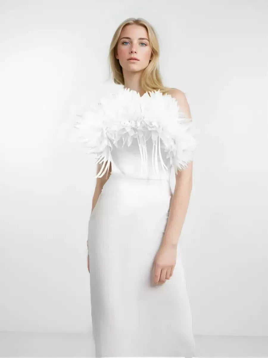 Hot Sale Women Sexy Strapless Feathers Bodycon Long Bandage Dress Fashion Celebrate Evening Party Birthday Outfit Wholesale