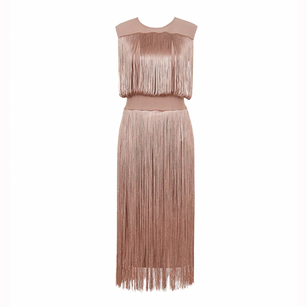 2025 New Tassel Patchwork Party Fashion Midi Dress Women Summer Sleeveless Solid High Street Ladies Vestidos