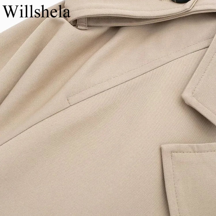 Willshela Women Fashion With Belt Cropped Trench Jacket Vintage Notched Neck Long Sleeve Female Chic Lady Coat Outfits