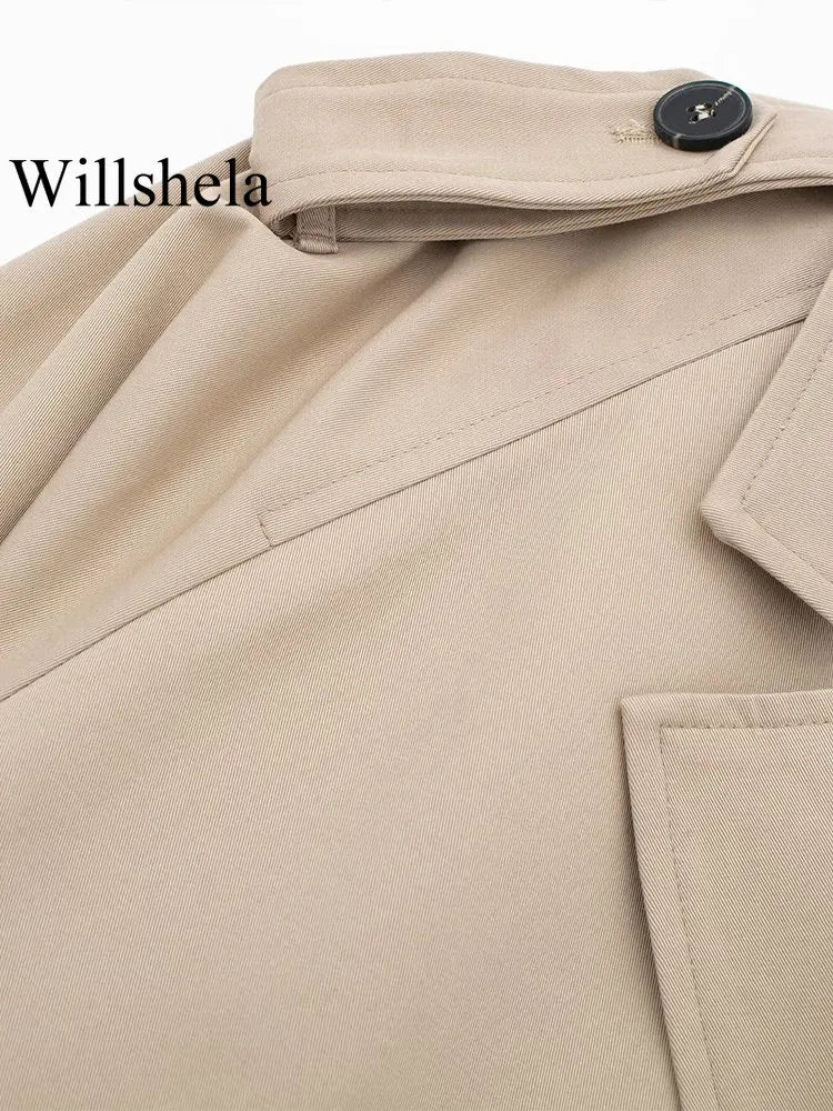 Willshela Women Fashion With Belt Cropped Trench Jacket Vintage Notched Neck Long Sleeve Female Chic Lady Coat Outfits