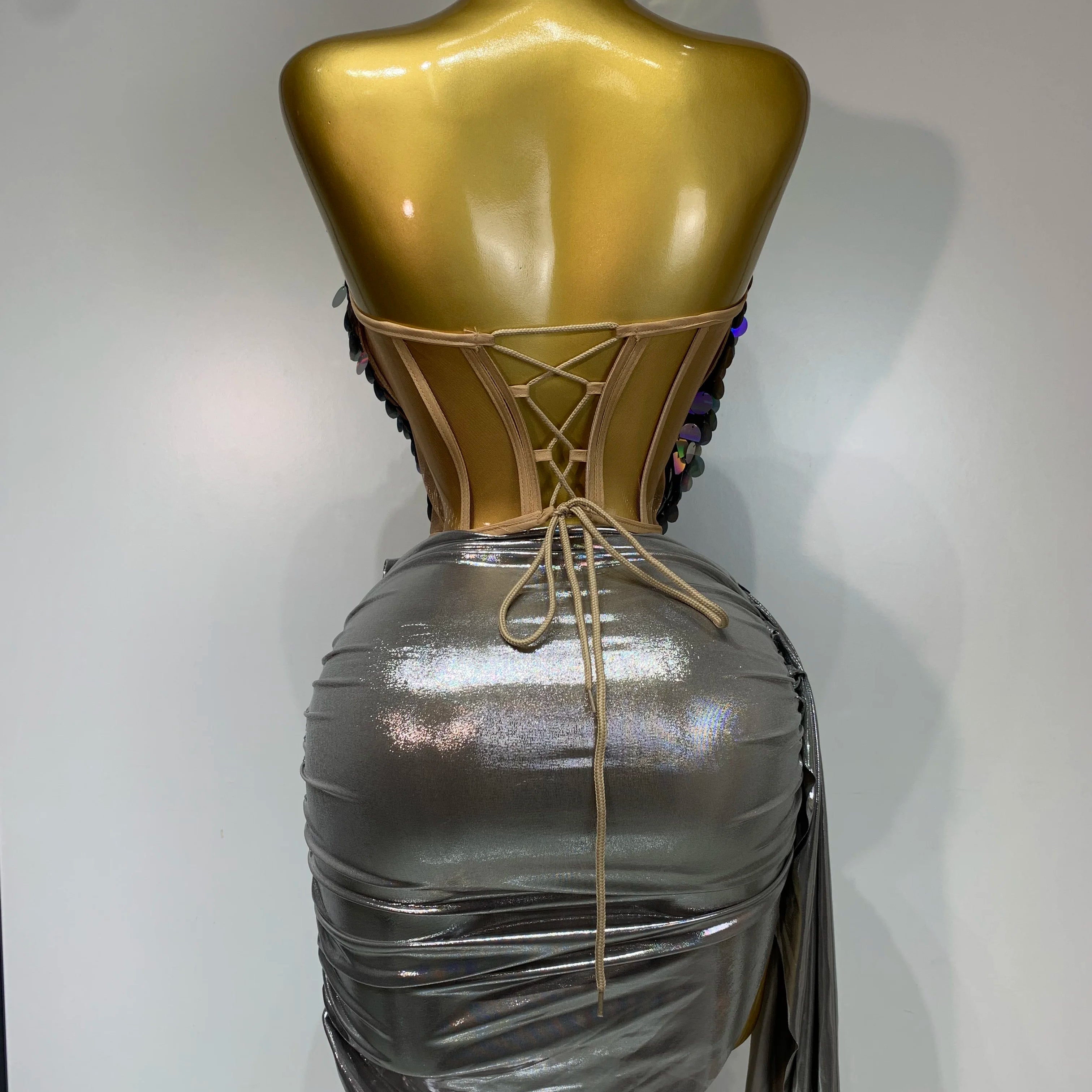 Women Sexy Strapless Sequin Glitter Two Pieces Set Celebirty Elegant Luxury Birthday Evening Party Nightclub Singer Stage Outfit