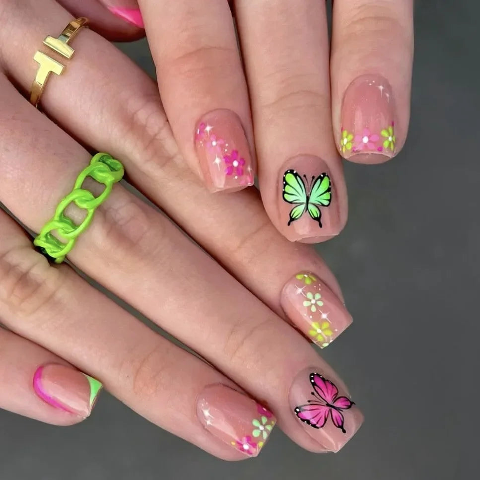 Faux ongles courts et carrés brillants, 24 pièces/boîte, pointe française colorée, motif floral, printemps-été, pour femmes