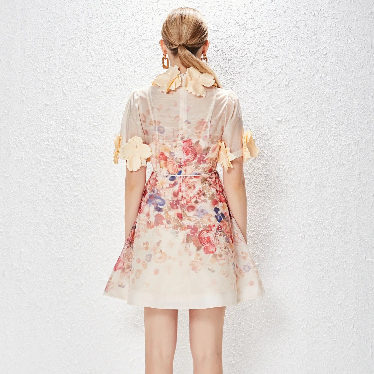 NEW Women Floral Mini Dress Spring Summer Printed Standing Collar Short Sleeve Vestido Ladies Holiday Party Vintage Dresses