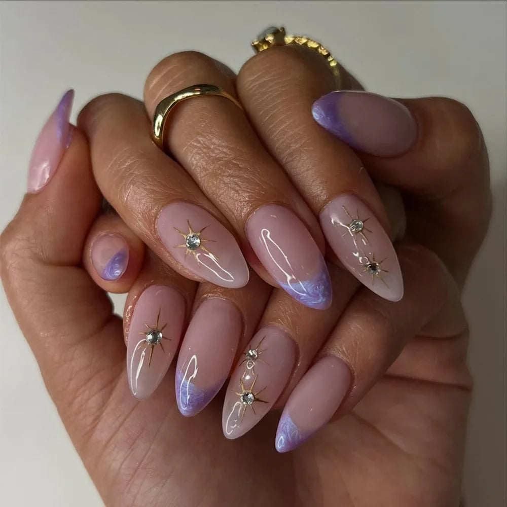 24Pcs Purple French press on nails with 3D broken diamond wearable mid-length almond fake nail tips round head false nails