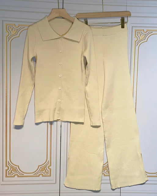 2024 Fashion Slim Knit Pants Set Lapel Flare Long Sleeve Single Breasted Cardigan Sweater & Trousers Two-Piece Set