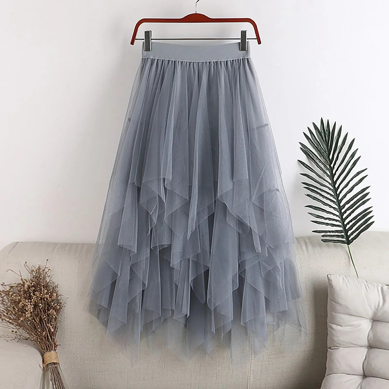 Women Skirt Waisted Slimming Multi Layer Irregular Mesh Stitching Cake Skirt Mid Length Half Korean Fashion Faldas Luxury Party Grey One Size