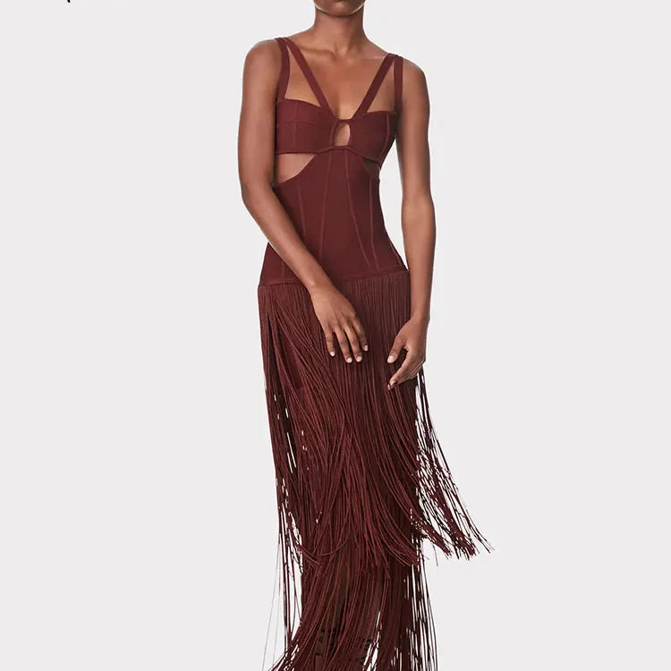 2024 Summer Sexy Tassel Bandage Dresses Women's Spaghetti Sleeveless Hollow Bodycon Long Dress Celebrity Evening Party Vesidos