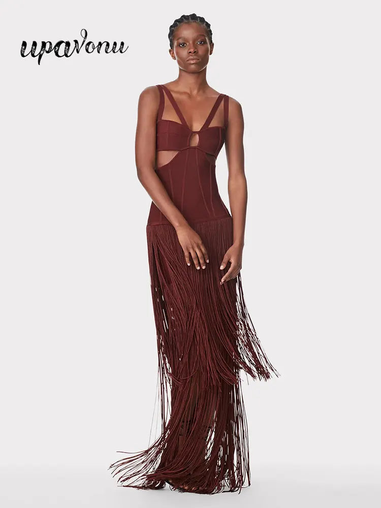 2024 Summer Sexy Tassel Bandage Dresses Women's Spaghetti Sleeveless Hollow Bodycon Long Dress Celebrity Evening Party Vesidos