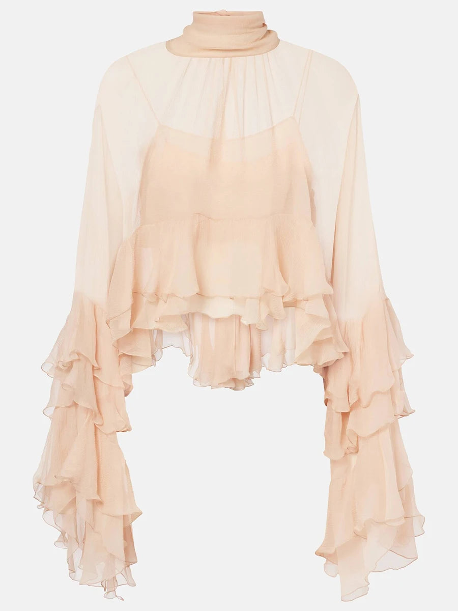 TWOTWINSTYLE Solid Loose Sheer Blouses for Women High Neck Long Sleeves Patchwork Ruffles Folds Elegant Blouse Female Clothing