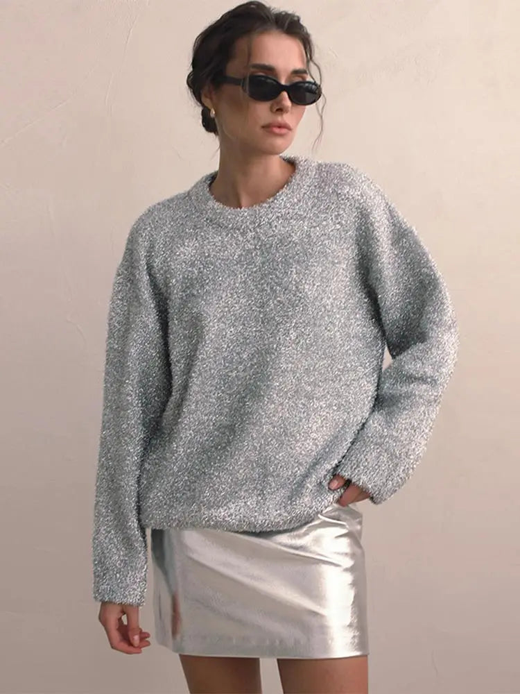 Women Chic Metallic Rib Trim Foil Hooded Sweater Casual Long Sleeve Drawstring Pullover Top Autumn Lady Elegant Sweatshirt Silver3