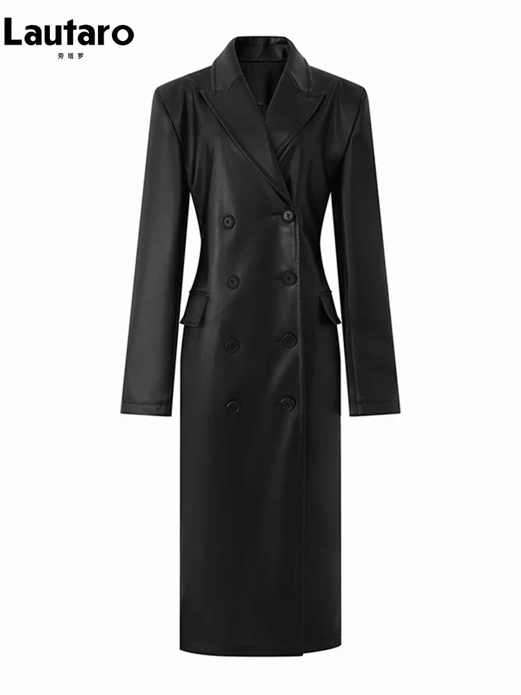 Spring Autumn Long Black Fitted Soft Pu Leather Trench Coat for Women with Shoulder Pads Luxury Designer Clothing 2023
