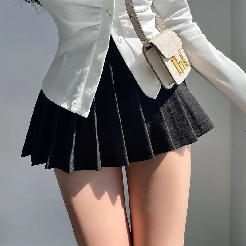 Pleated Skirt with Shorts Women Sexy High Waist Irregular White Black A-line Gyaru Tennis extreme Mini Skirt School Black