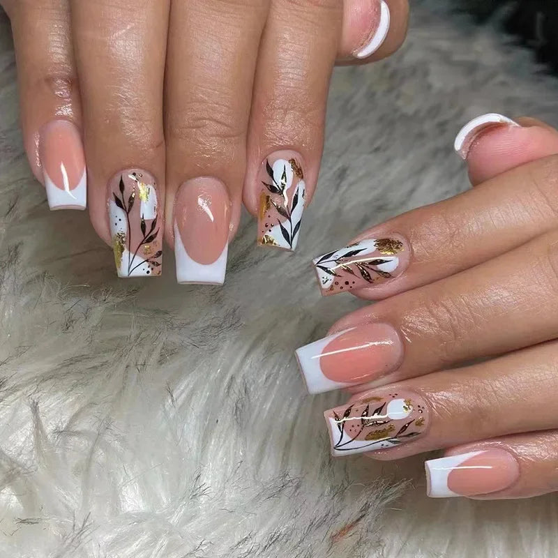 Faux ongles courts et carrés brillants, 24 pièces/boîte, pointe française colorée, motif floral, printemps-été, pour femmes