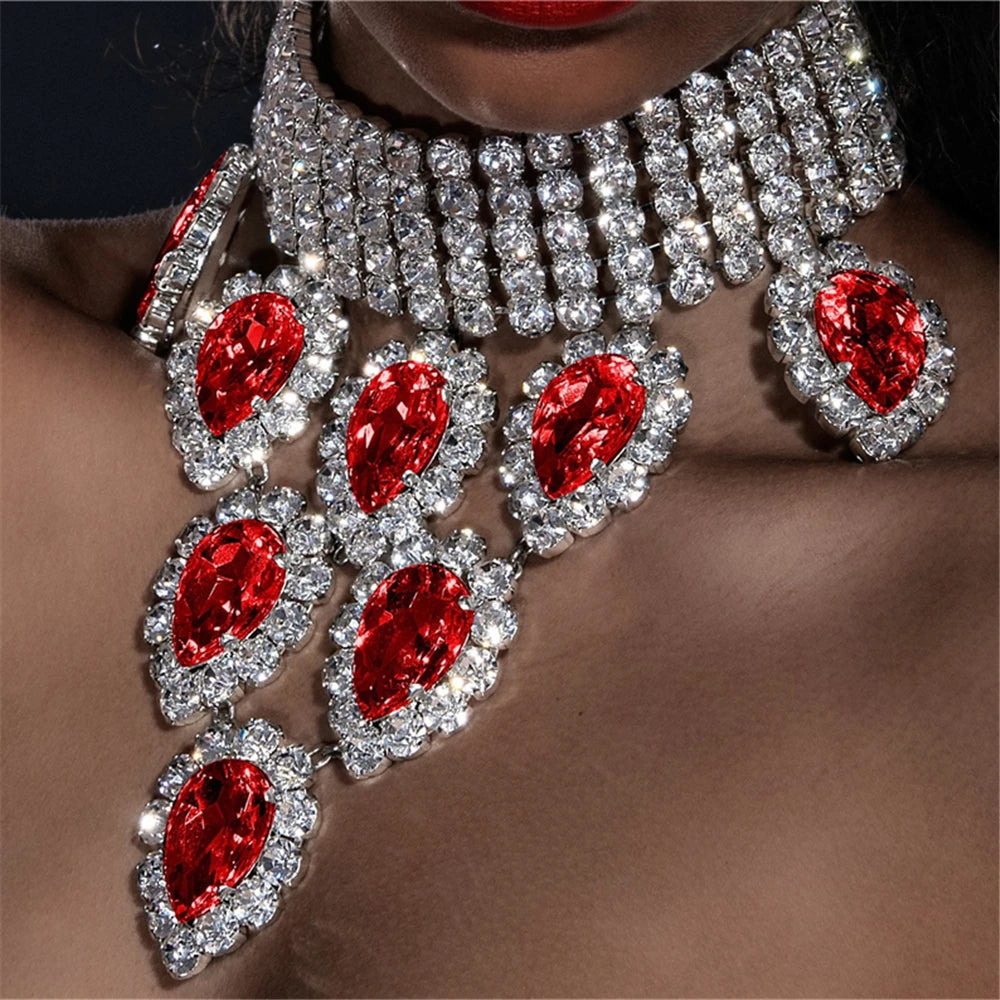 Luxury Noble Crystal Water Drops Bridal Jewelry Sets Rhinestone Necklace Earrings Set for Bride African Jewelry Accessories 07