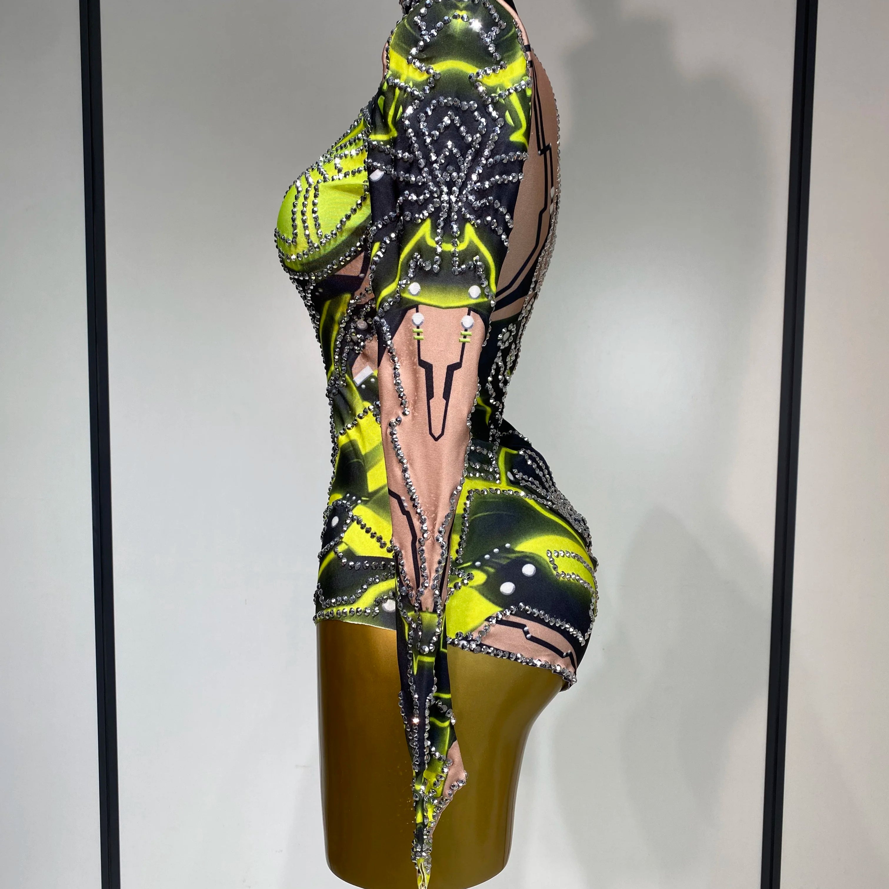 Women Sparkly Rhinstones High Street Bodysuit Performance Dance Singer Costume Nightclub Evening Party Birthday Stage Outfit