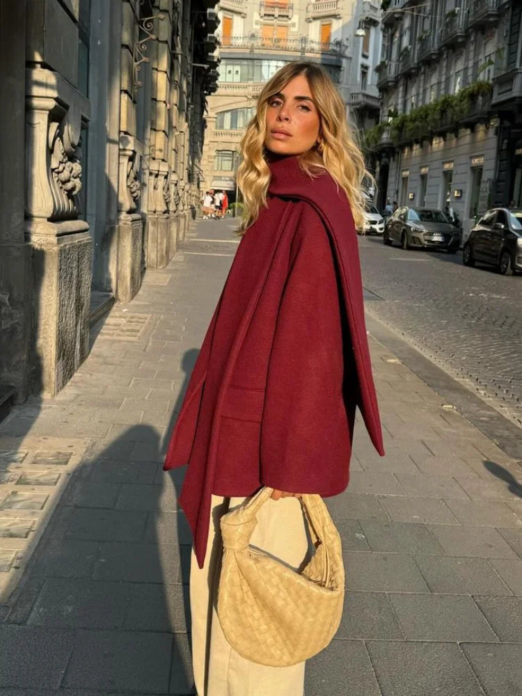 New Fashion Burgundy Red Woolen Suit Jacket With Scarf Collar Women Chic Oversized Flip Pockets Solid Coats Lady Streetwear