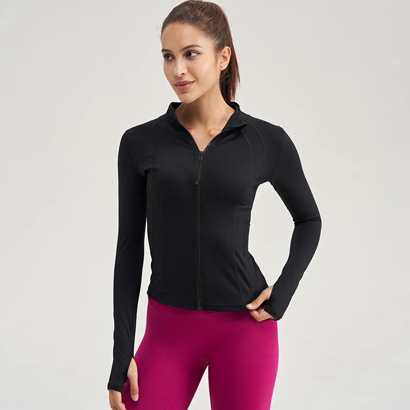 Gym Women's Full Zip Yoga Top With Thumbholes Fitness Running Jacket Stretch Fit Long Sleeve Round Neck-Top Sportswear