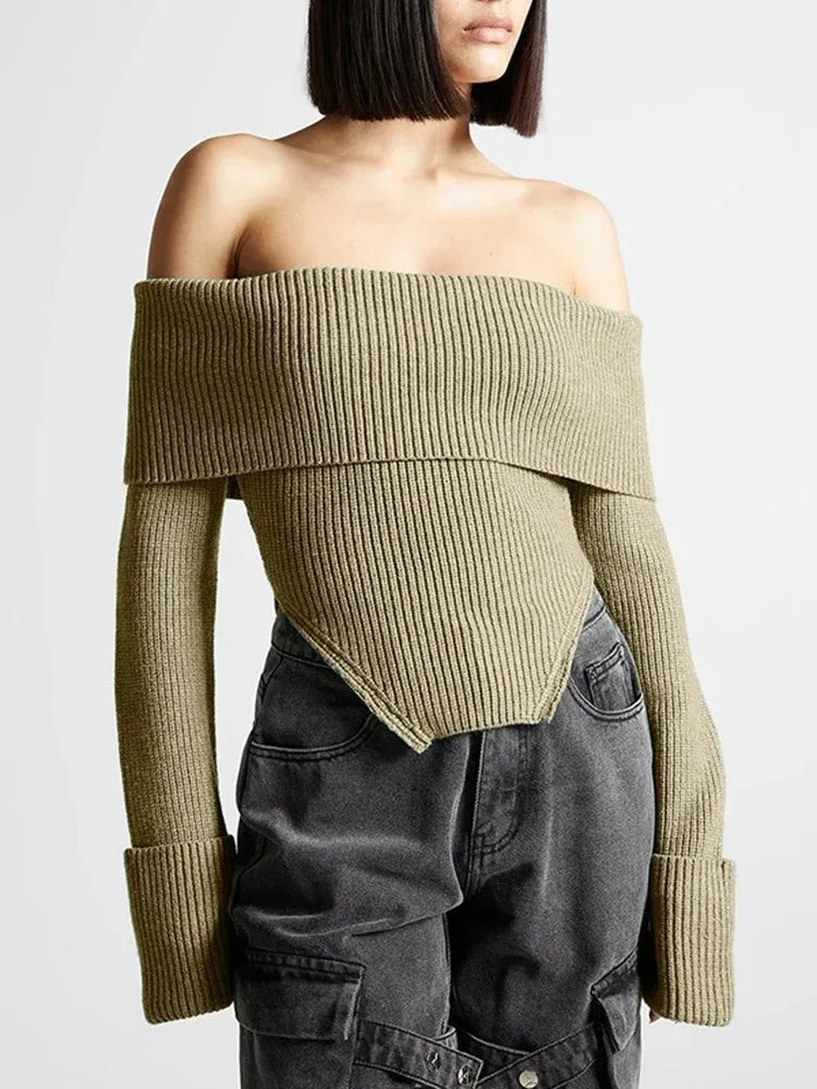 Solid Temperament Sweaters For Women Slash Neck Long Sleeve Tunic Irregular Minimalist Sweater Female Fashion Style