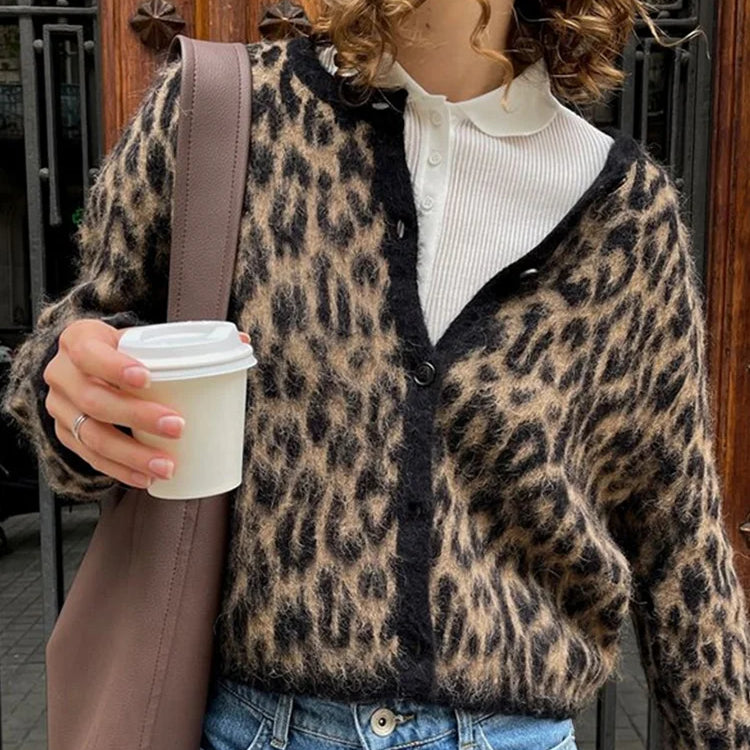Vintage Leopard Print Mohair Women Cardigans Knitted O-neck Single Breasted Short Sweater Autumn Lady Casual Streetwear New