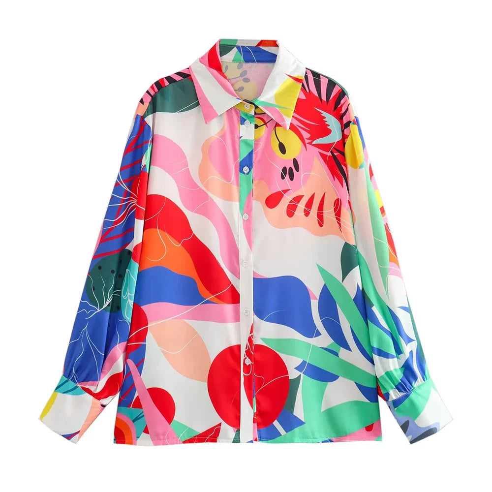 ZARATRASnew summer women's new trousers suit lapel loose silk texture shirt + positioning printed wide leg pants printed shirt