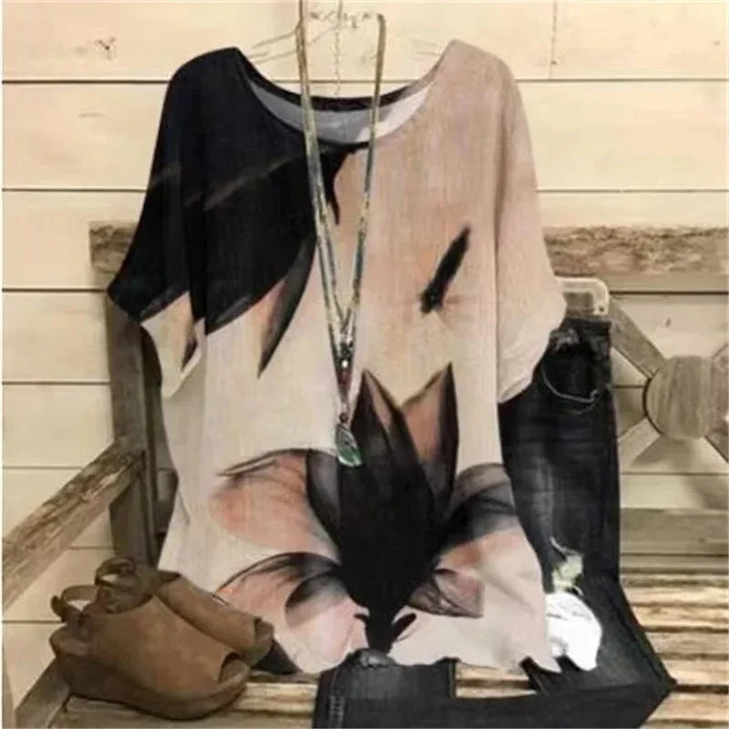 Round Collar Flower Print Tops Vintage Pullover Spring Summer Loose Short Sleeves Oversized Tee Shirt Fashion T-Shirt S-5xl