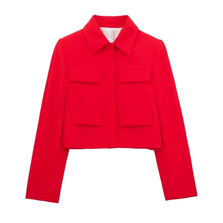 Women Fashion With Flaps Cropped Blazer Coat Vintage Long Sleeve Snap-button Female Outerwear Chic Tops