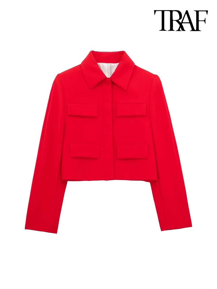 Women Fashion With Flaps Cropped Blazer Coat Vintage Long Sleeve Snap-button Female Outerwear Chic Tops