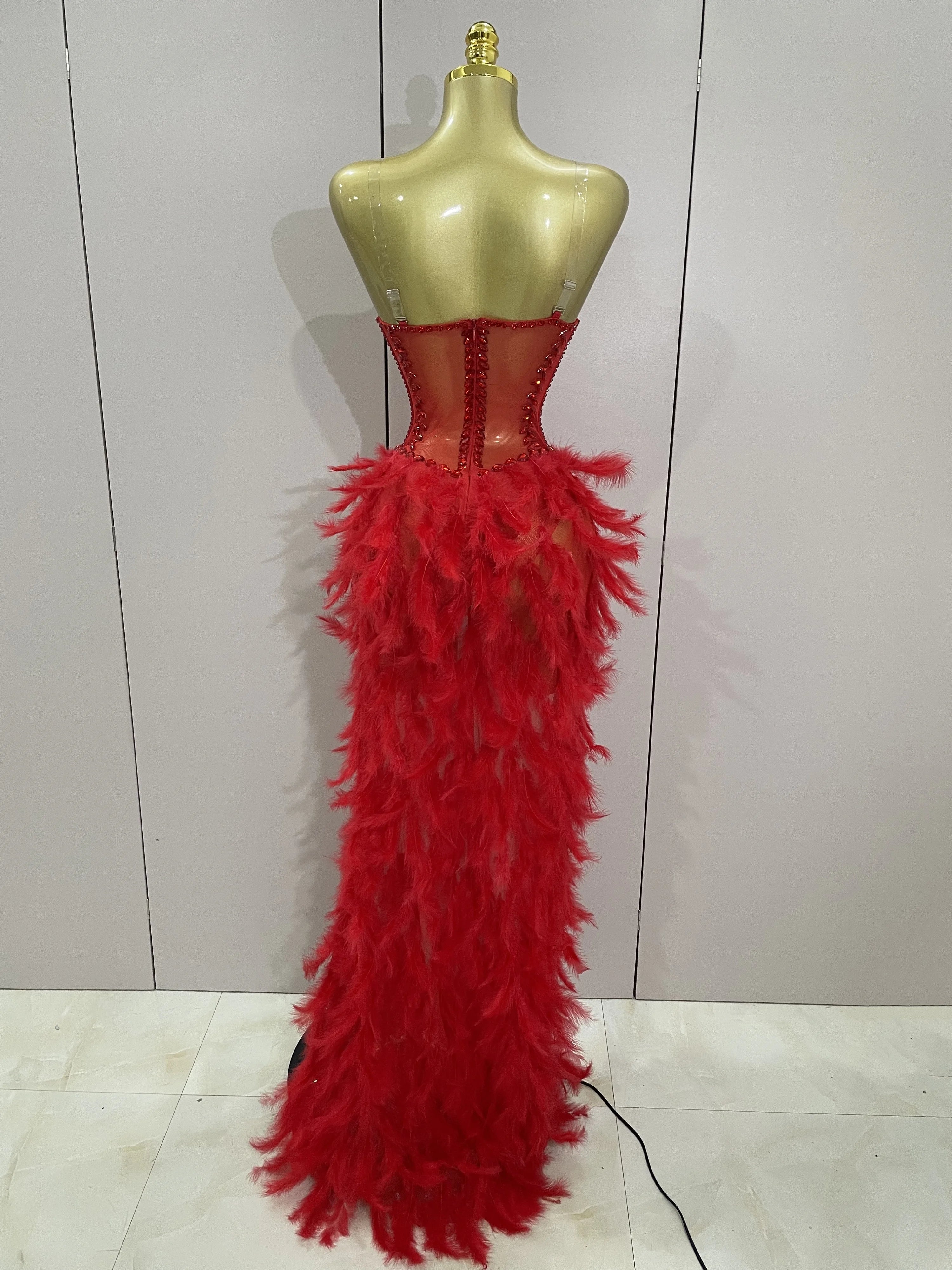 Luxury Sparkly Rhinestones Feathers Long Tail Dress Sexy Mesh Transparent Stage Bodysuit Evening Party Celebrate Birthday Dress