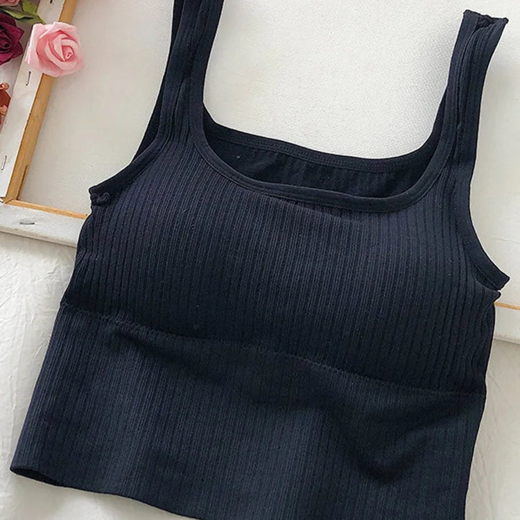 Summer Crop Top Women Seamless Square Collar Wide Straps Tank Top Knitted Striped Camisole Solid Corset Top Female Black one size for 40-65kg