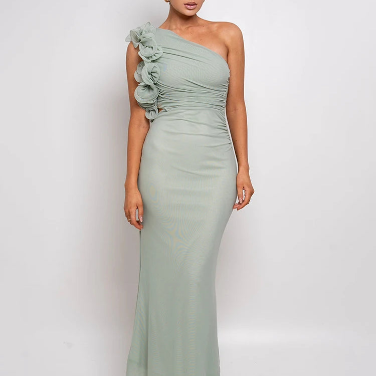 Shoulder Floral Mesh Ruched Sexy Maxi Dress For Women Gown Oblique Shoulder Sleeveless Backless Bodycon Long Dress