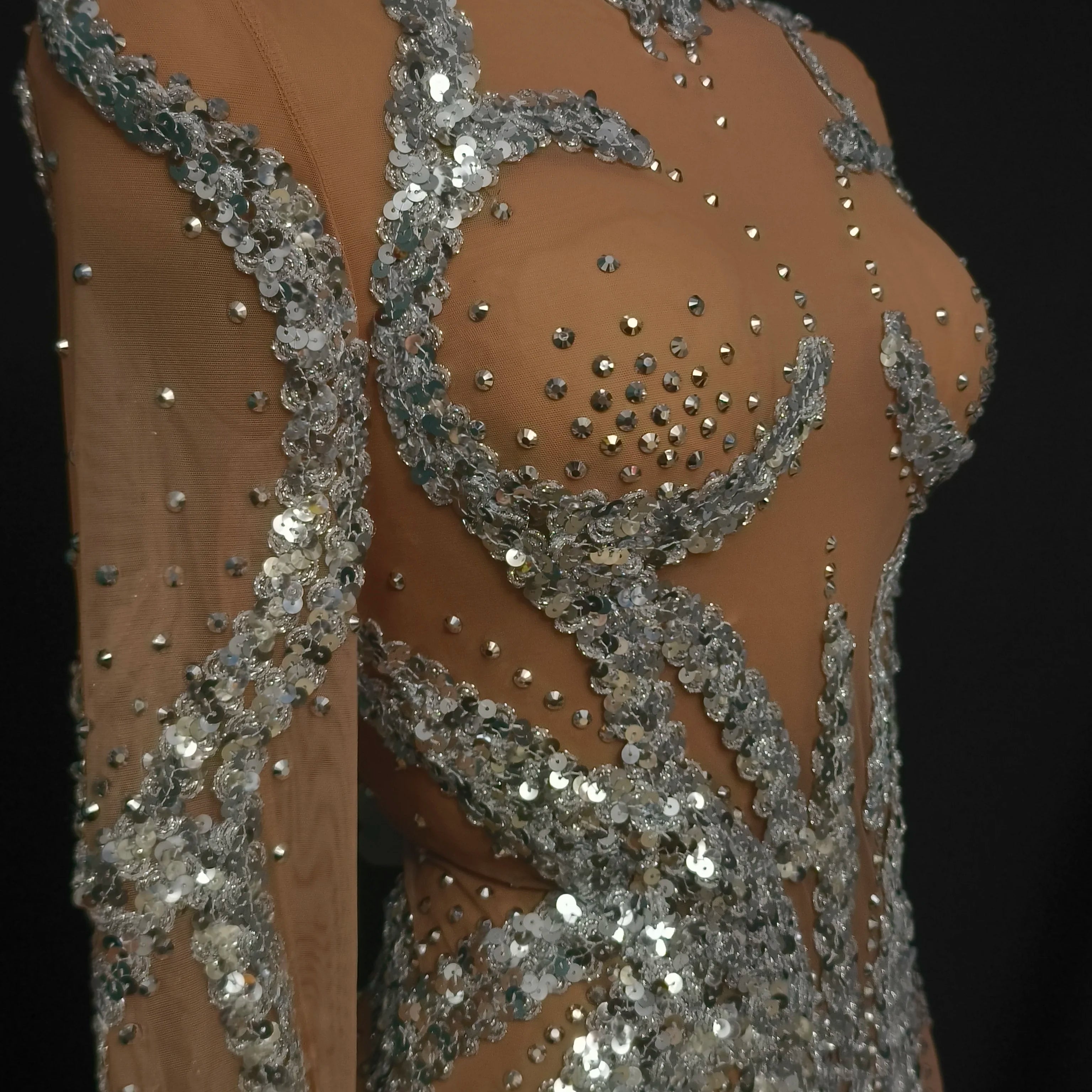 Women Sexy Mesh Crystal Nude Stretchy Long Sleeve Night Club See Through Singer Dancer tage Costume Mini Party Dress