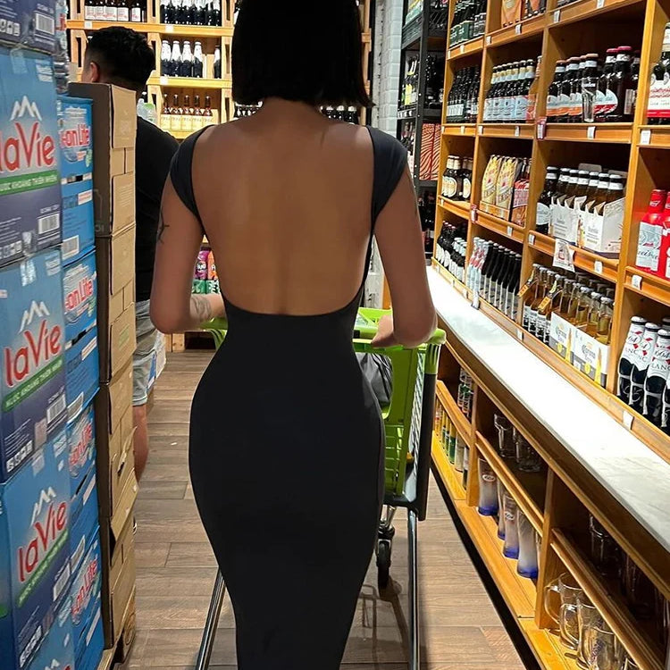 Cutenew Elegant Short Sleeve Bodycon Maxi Dress O-neck Solid Women's Backless Summer Sexy Streetwear Stretch Robe Lady Dresses Black
