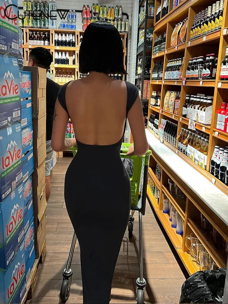 Cutenew Elegant Short Sleeve Bodycon Maxi Dress O-neck Solid Women's Backless Summer Sexy Streetwear Stretch Robe Lady Dresses Black
