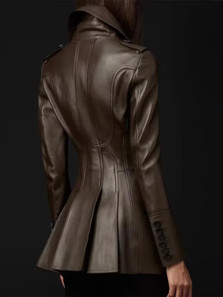 Autumn Fitted Coffee Skirted Pu Leather Blazer Jacket Women Long Sleeve Double Breasted High Quality European Fashion Brown